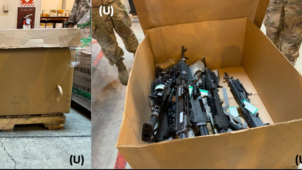 Images of guns arriving unwrapped in boxes provided by The American Institute in Taiwan via Defense Dept. Inspector General's report, September 2024 